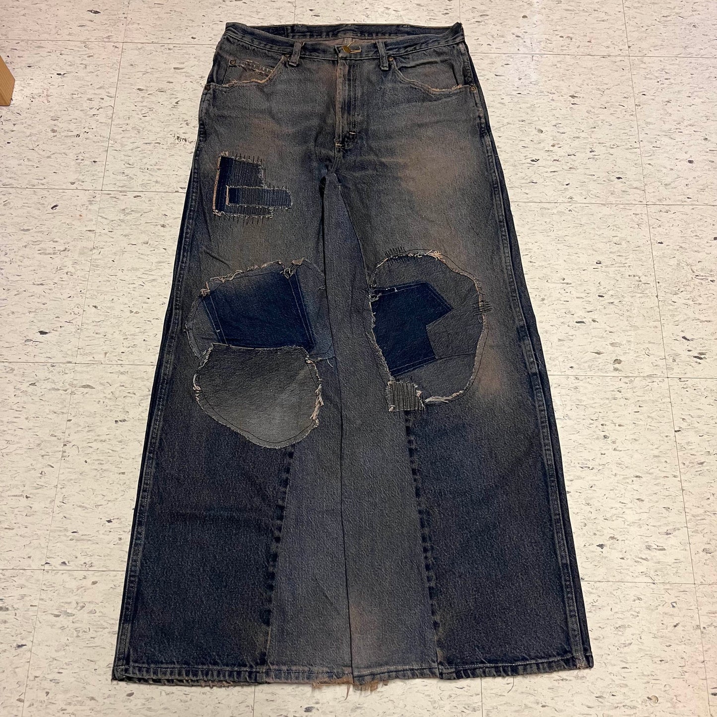 mud patched, repaired double knee wide leg baggy jeans