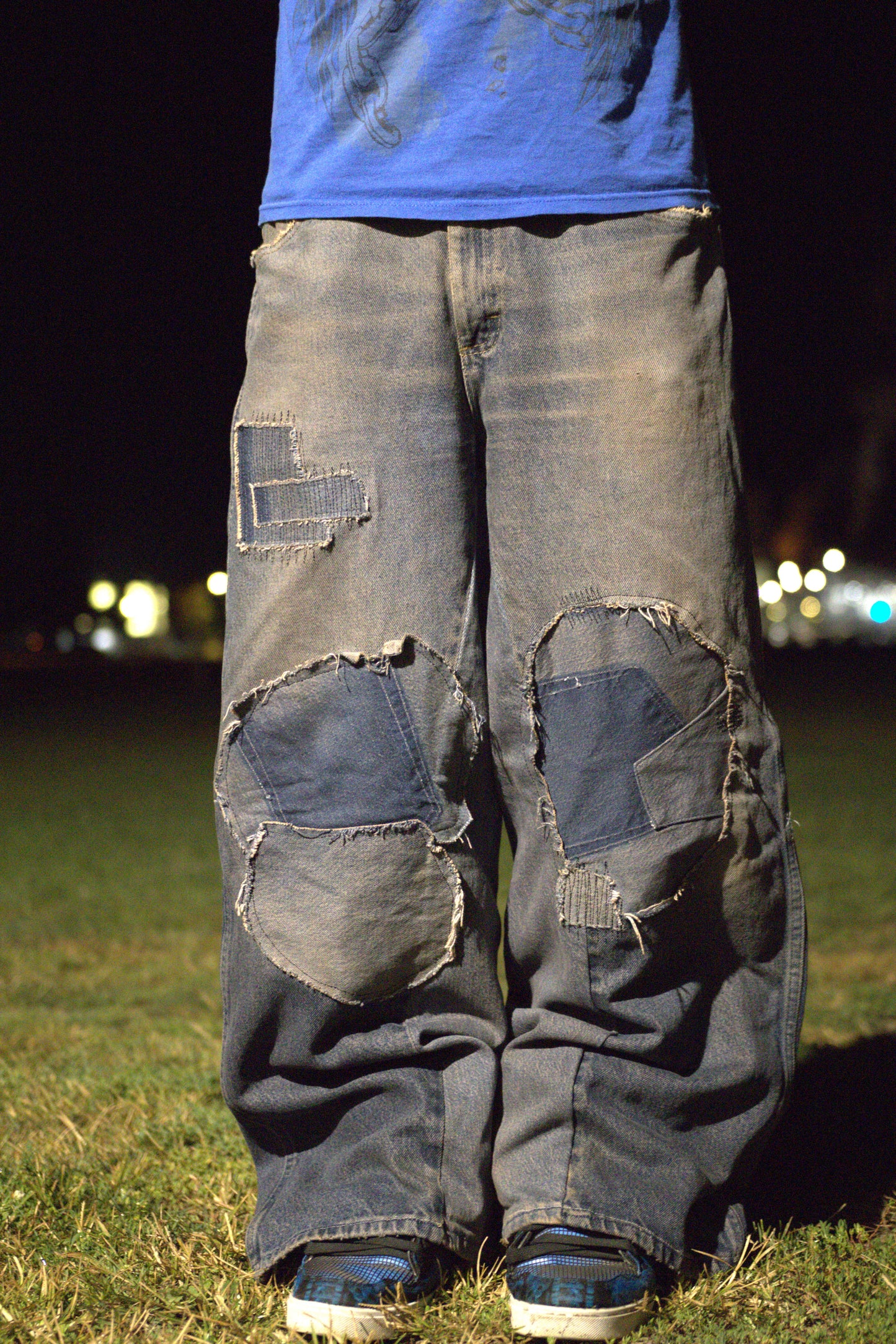 mud patched, repaired double knee wide leg baggy jeans