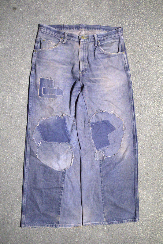 mud patched, repaired double knee wide leg baggy jeans